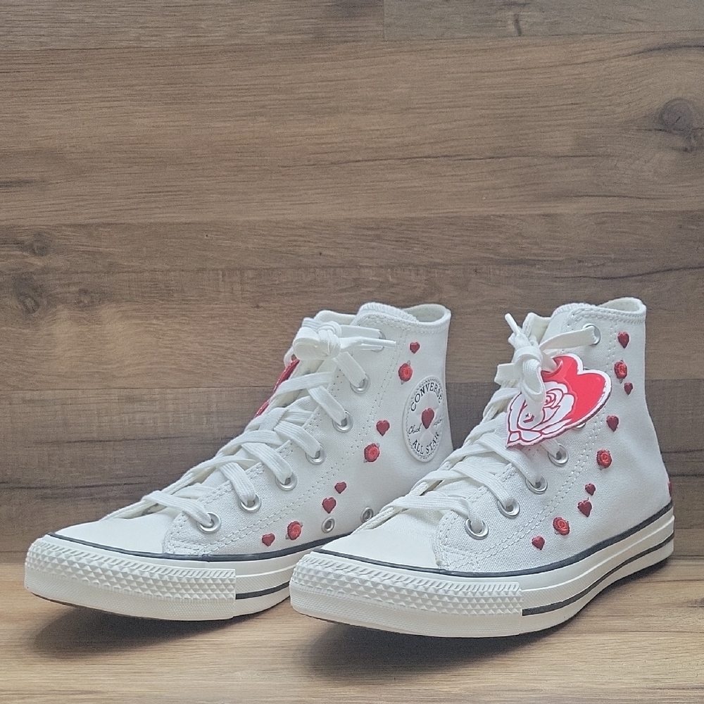 Converse White High-Tops with Red Heart Details